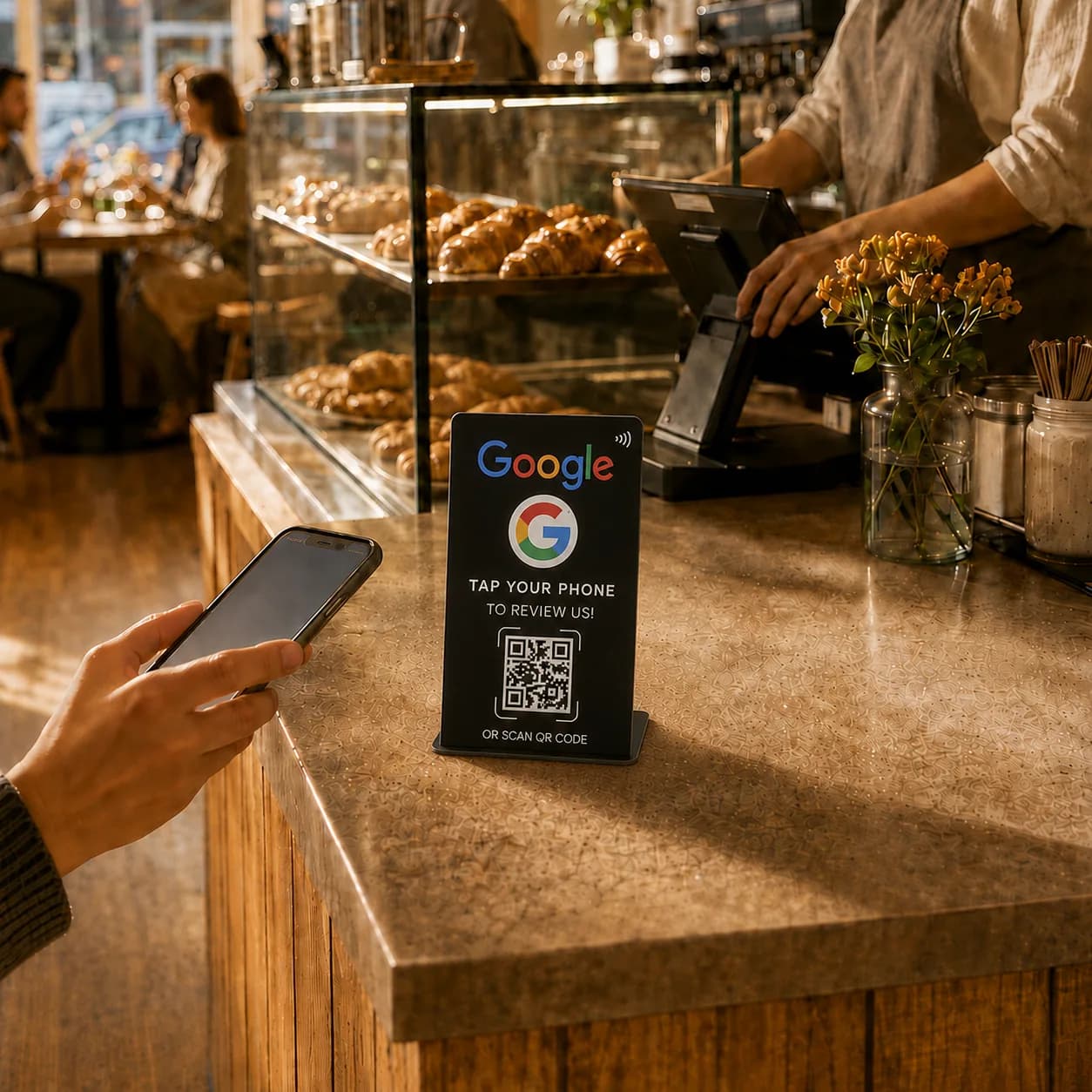 Black Leovo Google review card standing on a cafe counter beside a customer holding a phone.