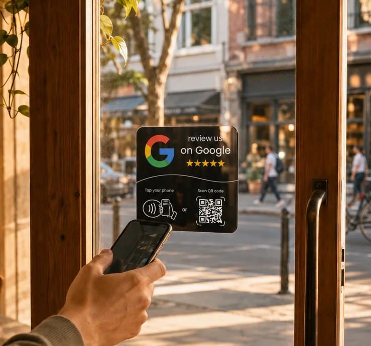 A customer holding a phone next to a black Leovo Google review card mounted on the glass door of a shop.