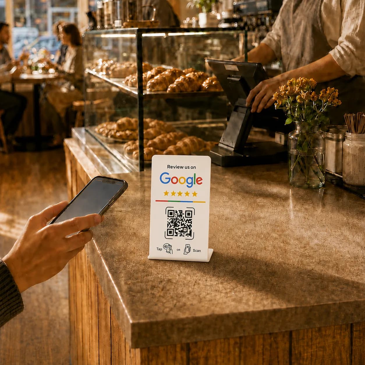 White Leovo Google review card standing on a cafe counter beside a customer holding a phone.