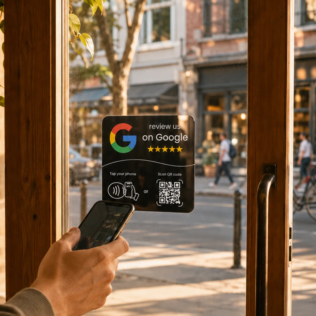Black Leovo stick-on Google review card mounted on the glass door of a shop, with a customer tapping it with their phone.