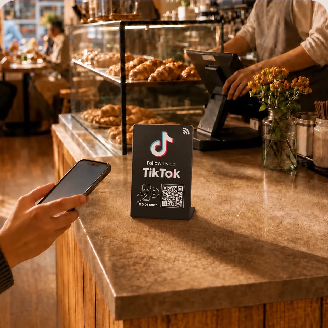 Black Leovo TikTok follow card standing on a cafe counter beside a customer holding a phone.